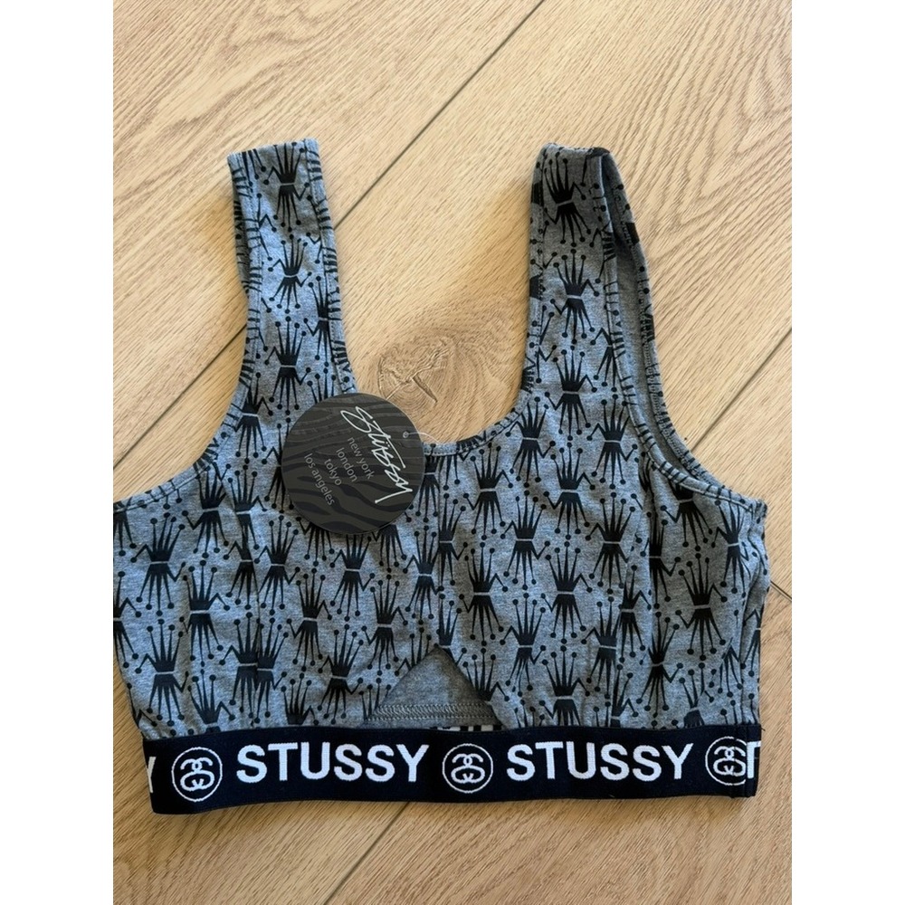 Stussy Women Grey Black Crown Print Sports Bra Logo Elastic Band Size M NEW